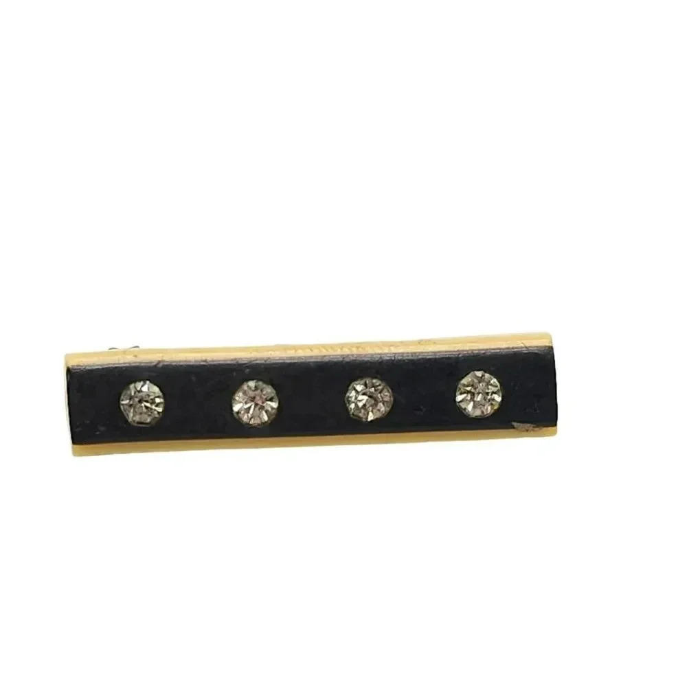 Clear Rhinestones Black Enamel Bar Brooch Pin Antique C Clasp